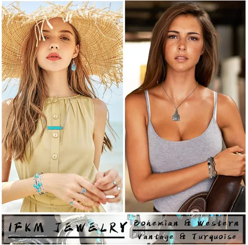 Vista 2 de IFKM Bohemian Jewelry Set With Turquoise Necklace, Dangle Earrings, Stackable Bangle Bracelets, Knuckle Rings For Women Vintage Western Boho