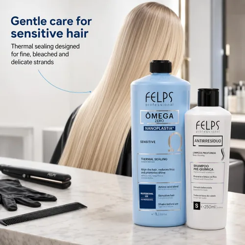 Vista 6 de Kit Felps Professional Omega Zero Sensitive Nanoplastia Kit de tratamiento térmico de sellado térmico, 1 litro con champú antiresiduos, 8.5 fl oz