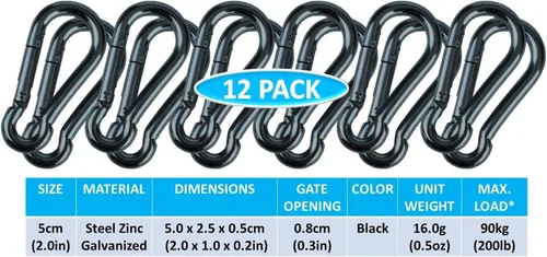 Vista 7 de Mosquetones Bushcraft de Servicio Pesado Galvanizados en Zinc Negro y Plateado con Resorte y Clip de Enganche Rápido, Capacidad de Carga 200-500 lb