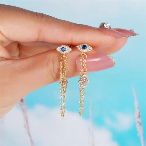 Vista 4 de Aretes colgantes con borla de palma de mal de ojo para mujeres y niñas, circonita cuíbica, hipoalergénica, cadena de borla, aretes colgantes