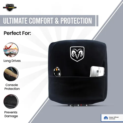 Vista 4 de Cubierta de reposabrazos de consola premium para Dodge Ram (2014-2020) - (Modelos de asiento de salto) – Protector de tapa de consola suave, lavable