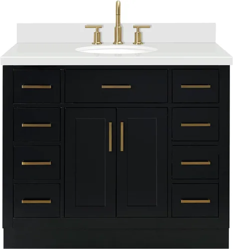 Vista 35 de ARIEL Hepburn - Tocador de baño de 30 pulgadas con fregadero, madera maciza, encimera y protector contra salpicaduras de cuarzo blanco puro de 1.5