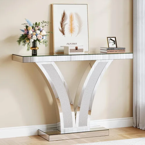 Vista 7 de Tribesigns Mesa de consola con espejo, moderna mesa de sofá de entrada plateada con marcos de incrustaciones de cristal para sala de estar, pasillo