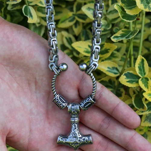 Vista 5 de VikingsBrand - Collar de cadena para hombre con colgante de Mjolnir y dos cuentas de estilo rústico
