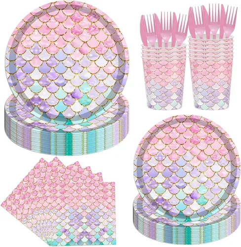 Vista 8 de 144 piezas Suministros de fiesta iridescentes Juego de vajilla de fiesta iridescente Sirve para 24 invitados Incluye platos de papel holográficos