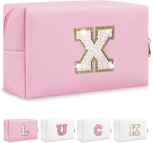 Vista 30 de Bolsa de maquillaje con parche de letra inicial personalizada, bolsa de cosméticos de chenilla preppy con letra de chenilla con cremallera, Y