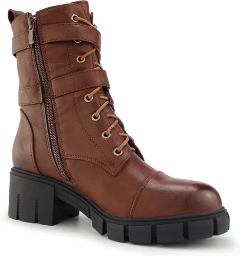 Vista 2 de Tobfis Botas de combate para mujer con hebilla lateral y tacón grueso, Negro, 0