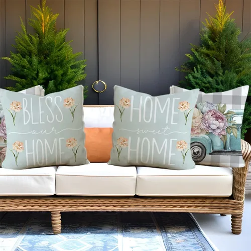 Vista 4 de Juego de 4 fundas de almohada de primavera y verano de 18 x 18 pulgadas, diseño de flores de búfalo a cuadros, peonía, camión, flores, flores