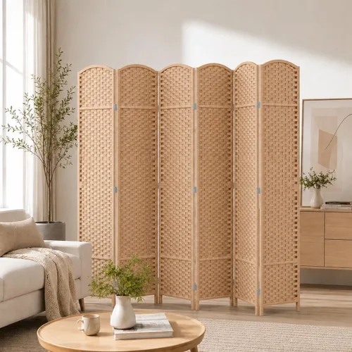Vista 12 de 6 Panel Woven Room Divider, 69" Folding Privacy Screen, Brown Marrón