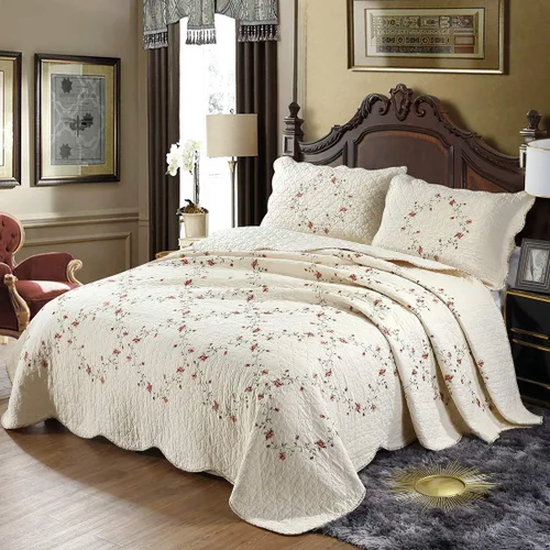 Vista 2 de vctops - Juego de colcha de 3 piezas, elegante, con bordado floral, de tamaño individual, 100% algodón, reversible y de retazos, 1 colcha y 2 fundas