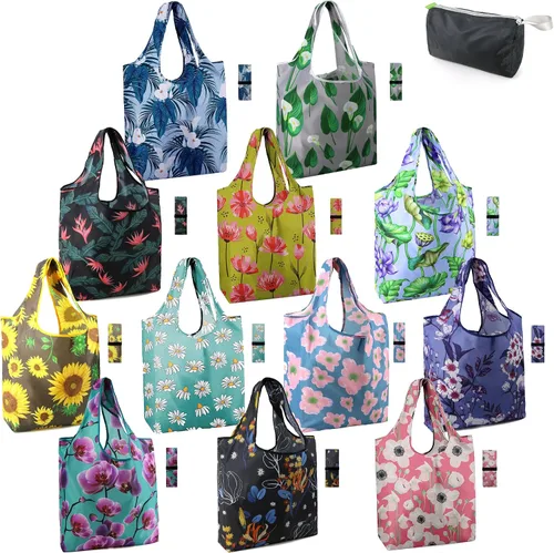 Vista 11 de BeeGreen Bolsas de comestibles reutilizables de Navidad con bolsa de almacenamiento con cremallera, paquete de 10 bolsas de compras reutilizables a