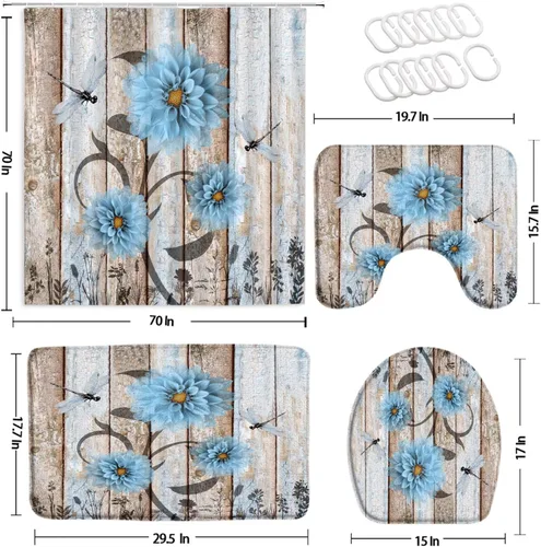 Vista 2 de 4Pcs Rustic Wooden Blue Dahlia Floral Flower Dragonfly Shower Curtain Set with Bath Mat Barnwood Old Garage Door American Country Farmhouse Decor
