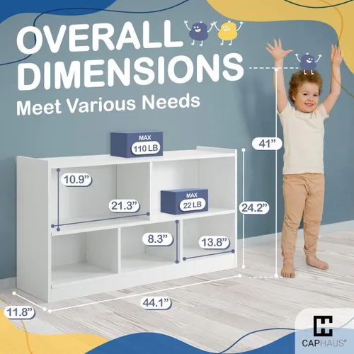 Vista 2 de CAPHAUS Organizador de almacenamiento de juguetes con compartimentos abiertos para niños, 44.1 x 11.8 x 24.2 pulgadas, blanco, organizadores