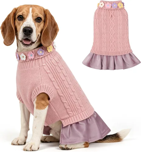 Vista 9 de WOYYHO Vestido de suéter para perro pequeño con corbatín, ropa de perro de Rosa polvoriento