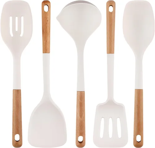 Vista 13 de Juego de 4 utensilios de cocina de silicona, juego de utensilios de cocina grandes antiadherentes con mango de madera, grado alimenticio, resistente