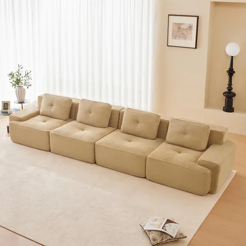 Vista 94 de Sofá moderno comprimido sin armazón de 116", sofás seccionales de 3 plazas para sala de estar, sofá seccional modular de pana verde nube, espuma