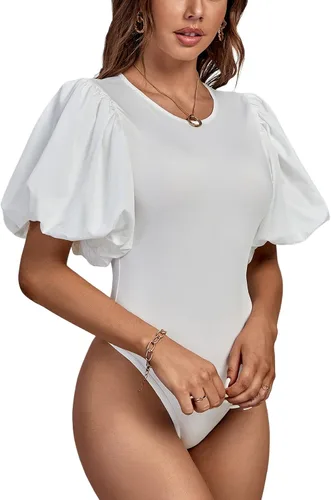 Vista 4 de LYANER Leotardo de manga corta abombada con cuello redondo para mujer
