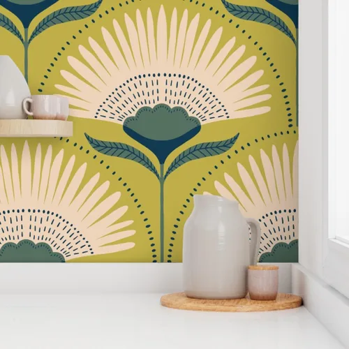 Vista 8 de Muestras de papel tapiz para despegar y pegar, diseño Art Deco de flores verdes, geométrico, divertido, jumbo, papel tapiz extraíble personalizado