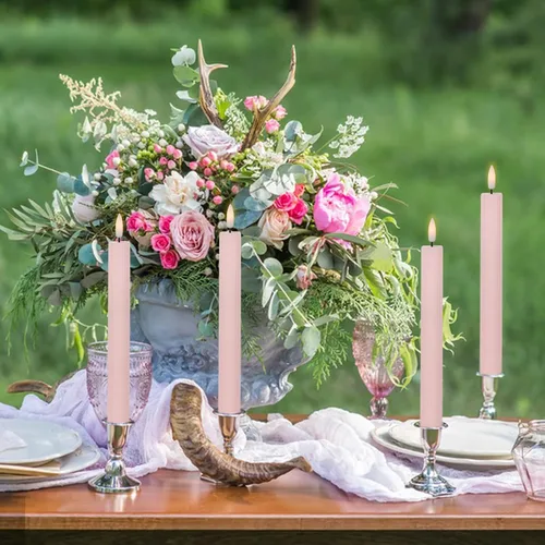 Vista 4 de Velas cónicas parpadeantes sin llama rosadas que funcionan con pilas con control remoto de 10 teclas y temporizador, paquete de 6 velas LED de cera