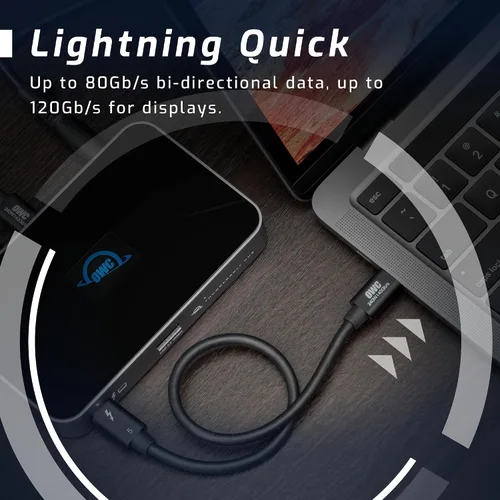 Vista 4 de OWC Cable Thunderbolt 5 (USB-C) de 0.8 M, hasta 80 Gb/s de velocidad de datos bidireccional, hasta 120 Gb/s para mayor ancho de banda de pantalla