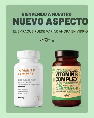 Vista 2 de sapling Complejo vegano de vitamina B, mezcla de alimentos integrales con vitaminas B esenciales B1, B2, B3, B5, B6, B7, folato, B12-60 cápsulas