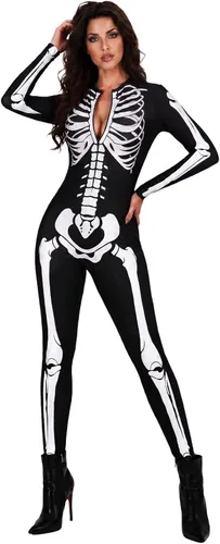 Vista 2 de Disfraz de esqueleto para mujer, overol de calavera con cremallera de Halloween