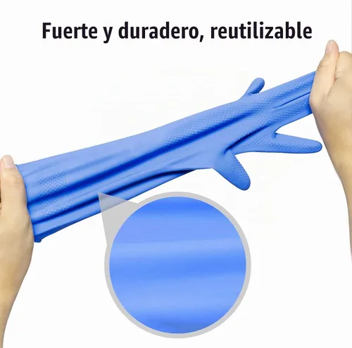 Vista 7 de Guantes de limpieza de goma, 3 o 6 pares para el hogar, guantes reutilizables para lavar platos para la cocina. Azul