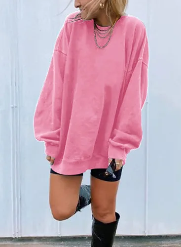 Vista 2 de Sudaderas de manga larga de gran tamaño para mujer, con cuello redondo, de color puro y estilo informal