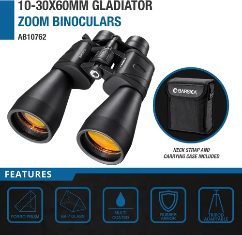 Vista 2 de Barska 10-30x60 Gladiator Zoom Binoculars – Long Range Binoculars for Bird Watching, Stargazing & Hunting, Multi-Coated Lenses, Tripod Compatible