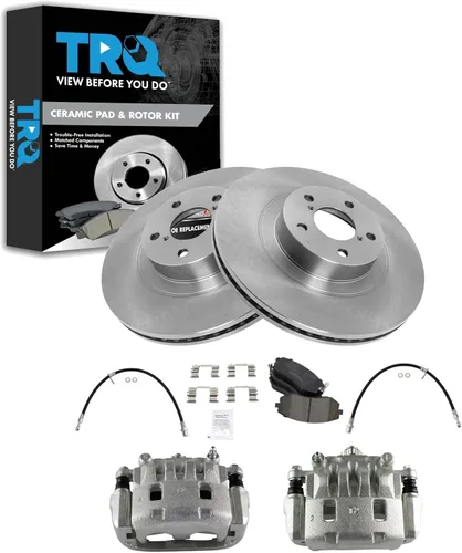 Vista 52 de TRQ Juego de pastillas de freno delanteras y rotores de cerámica, pinzas, mangueras, compatibles con Honda Odyssey 2005-2010
