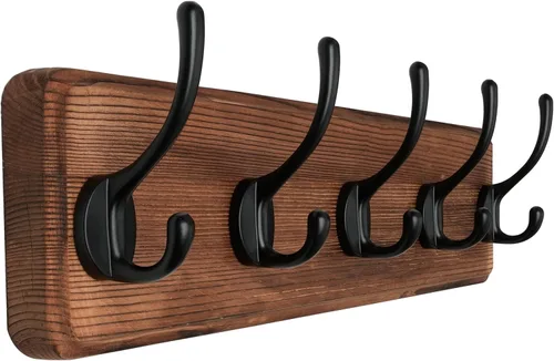 Vista 10 de SKOLOO Perchero rústico montado en la pared, perchero de madera maciza de pino, 5 ganchos para colgar ropa, batas, toallas, abrigos