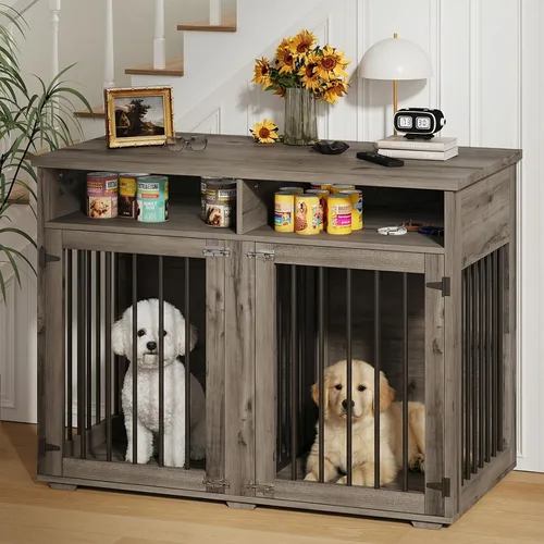 Vista 8 de Jaula para perros de 72 pulgadas para 2 perros, jaula de madera para perros con compartimento de almacenamiento, perrera de interior con 4 puertas