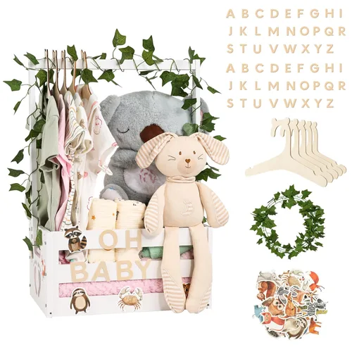 Vista 8 de Cesta grande de regalos para baby shower, caja de madera, colgadores de letras de madera personalizadas para bebé recién nacido niña niño, regalos