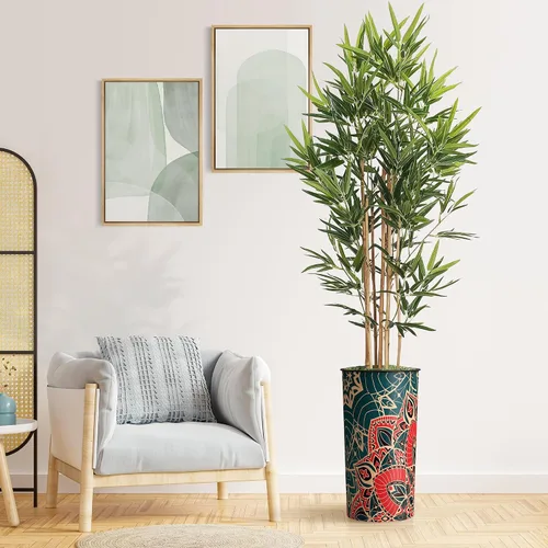 Vista 12 de Árbol artificial en macetero moderno con patrón de mandala, palmera tropical areca artificial de seda para decoración del hogar en interiores