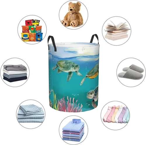 Vista 6 de Cesta circular con estampado de tortugas marinas y peces impermeable, cesta organizadora de lavandería, con asas, para ropa, juguetes, pequeña