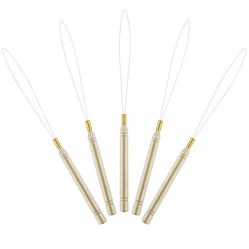 Vista 5 de Chinco Paquete de 10 herramientas de gancho de madera para extensión de cabello, herramienta de gancho para tirar y dispositivo de cuentas