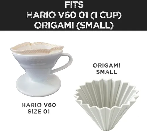 Vista 2 de Filtros reutilizables de algodón orgánico para Hario V60 y Origami Style Pourover filtros de café, taza de cerámica, vidrio, gotero de plástico