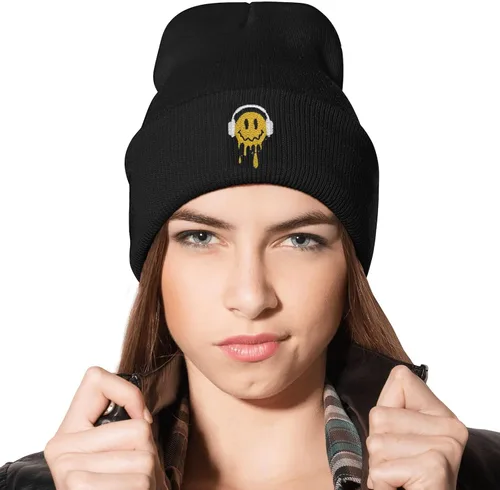 Vista 7 de Yrassio Faith, Jesus Fish Bordado Beanie Sombrero para Hombres Mujeres Invierno Tejer Puños Cálido Estiramiento Calavera Tejer Sombreros Gorra Negro