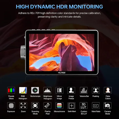 Vista 3 de VILTROX DC-A1 Monitor de Cámara de 2800 Nit, monitor de campo de cámara táctil IPS HD de 7 pulgadas 1920x1080 con entrada/salida HDMI 4K 2.0, LUT