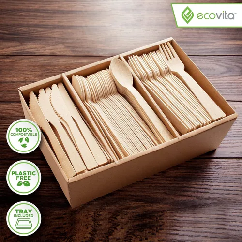 Vista 2 de Juego combinado de 380 utensilios desechables compostables grandes (7 pulgadas) ecológicos, duraderos y sin árboles, alternativa a los cubiertos