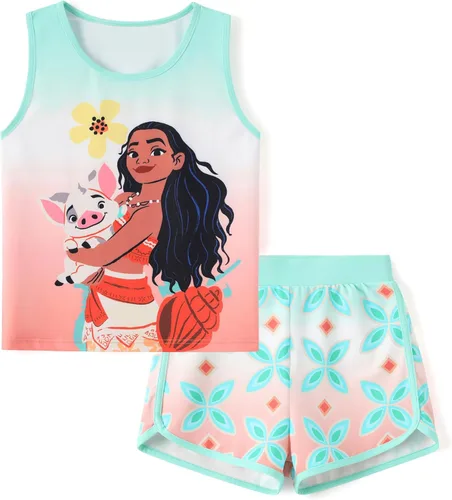 Vista 12 de Disney Stitch, Frozen, Minnie Mouse, Princesa, Winnie Tank Top+Shorts Dolphin para niñas, conjunto deportivo de entrenamiento de verano