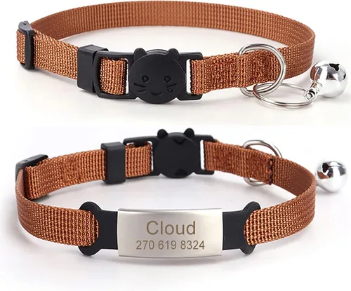 Vista 8 de Collares de gato personalizados, nombre grabado personalizado y etiqueta de identificación de teléfono, collar ajustable para mascotas suave y Negro