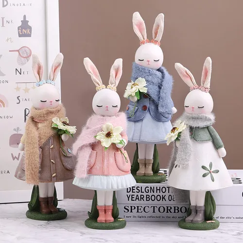 Vista 4 de Lindas figuras de resina de conejita con bufanda, estilo de dibujos animados, estatuas coleccionables, decoraciones de escritorio, decoración