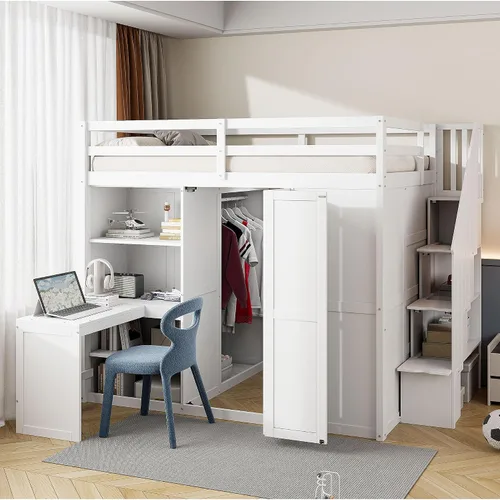 Vista 19 de VilroCaz Modern Elegance - Cama tipo loft de tamaño matrimonial con cajones de almacenamiento y escritorio, marco de cama de madera maciza