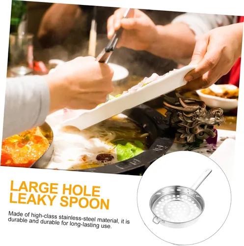 Vista 8 de Colador de fondo plano de acero inoxidable, cuchara de cocina de agujero grande para filtrar ollas calientes y camarones, colador de malla