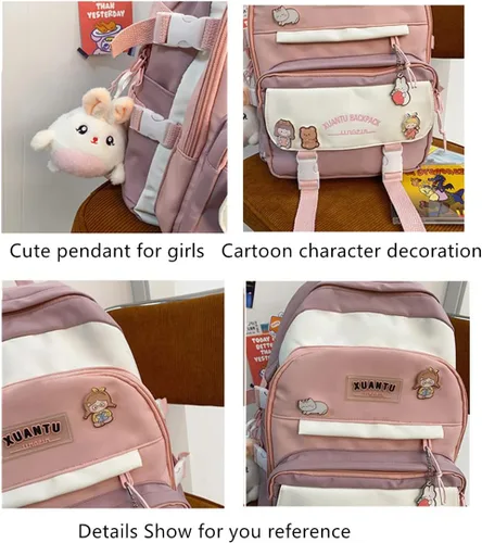 Vista 4 de Mfikaryi Mochila kawaii para niñas, bolsas escolares estéticas, bolsa de libros con bonito colgante de felpa para adolescentes, Púrpura, Mochilas