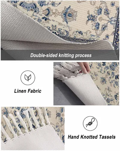 Vista 6 de Tassel Hand Woven Area Rug Retro Bohemia Navy Blue Pattern Entryway Rugs Washable Throw Mat,Tassel Carpets for Livingroom Kitchen Bedroom Dorm Decor