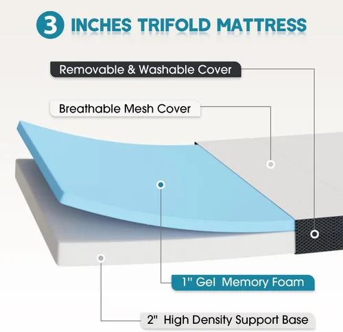 Vista 3 de BLKMTY Colchón plegable, cubrecolchón de 3 pulgadas de espuma viscoelástica de tres pliegues, transpirable con funda lavable, colchón plegable