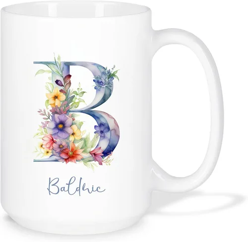 Vista 25 de Taza de café personalizada de la letra A del alfabeto, Taza de café blanca con nombre personalizado único, Taza inicial de monograma floral