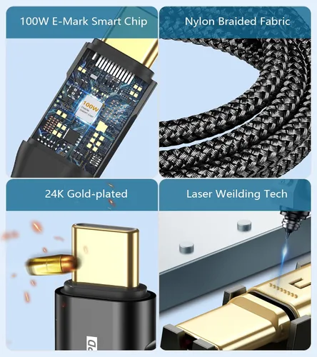Vista 4 de Cable USB-C a USB-C de 6.6 pies PD 100 W iPhone 17 cargador 2 en 1 USB A/C a USB-C cable trenzado de nailon para iPhone 17 16 15 Pro Max Plus iPad